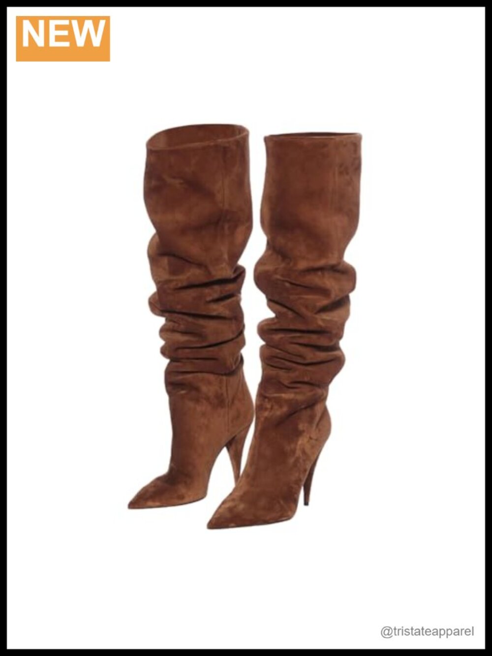 Wide Calf Knee High Suede Boots Pleated Slouchy Pointed Toe 3.9 Heel